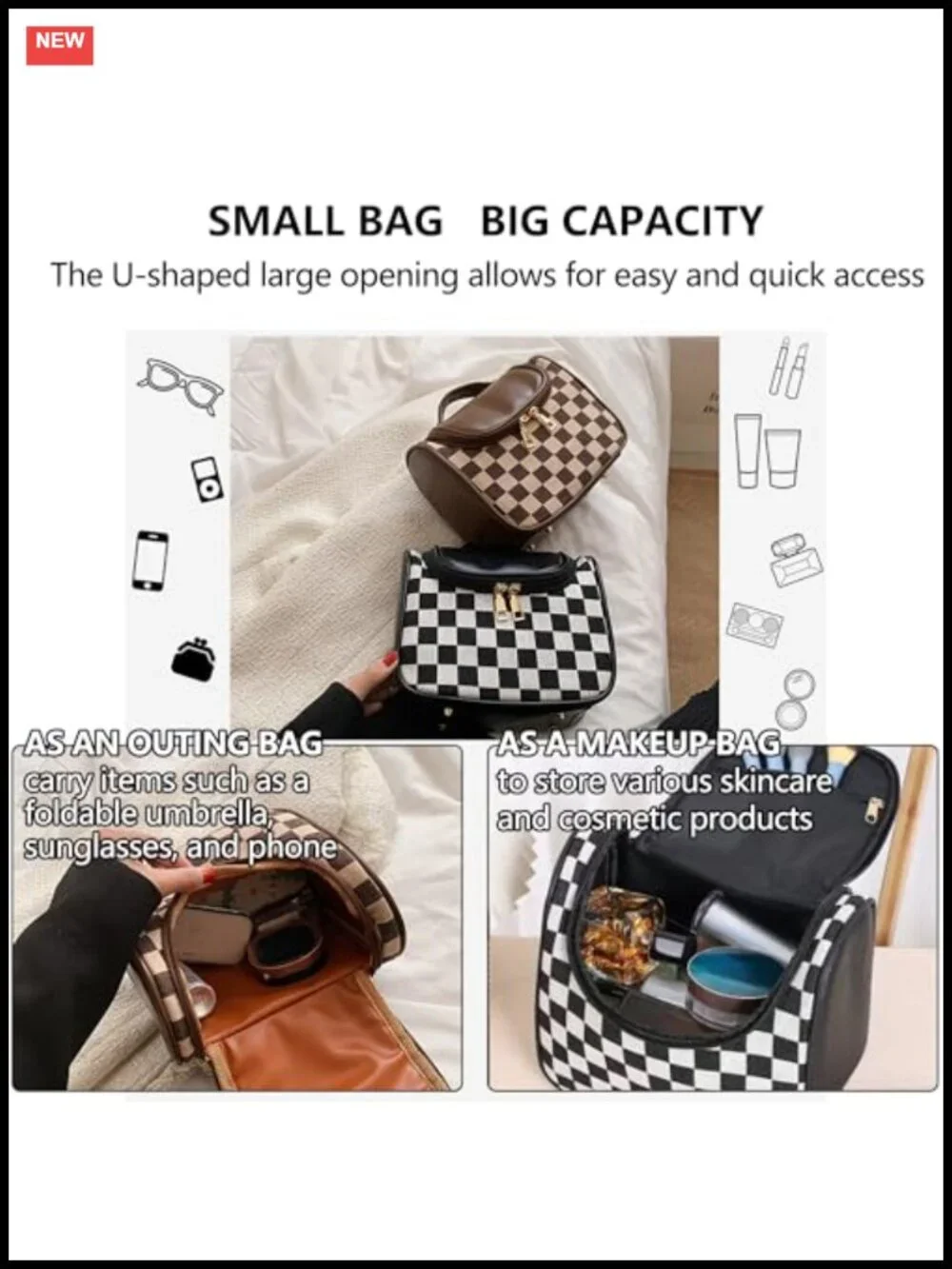 Vintage Checkered Cosmetic Bag Large Capacity PU Leather Makeup Pouch